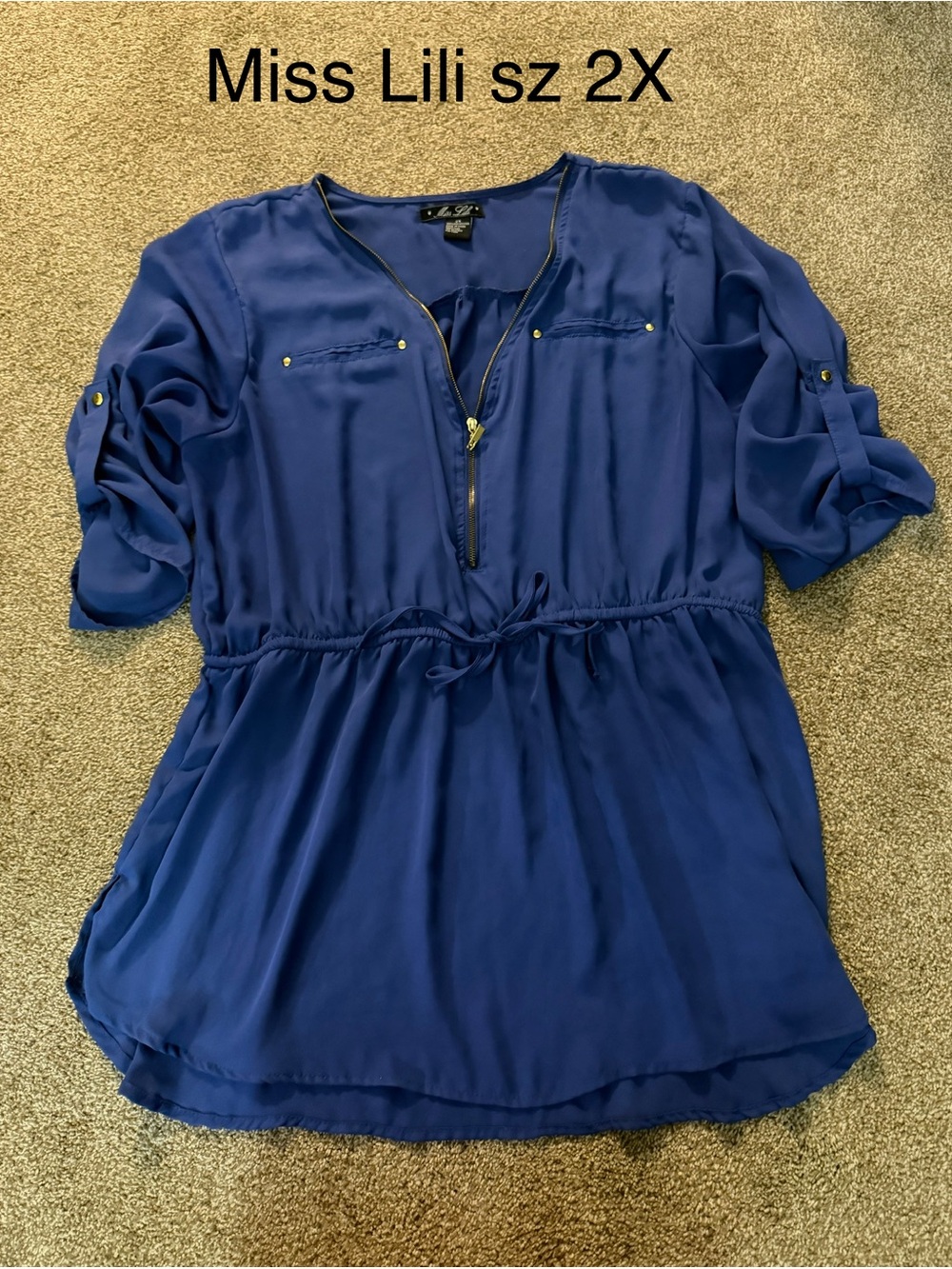 Miss Lili Plus Size 2X Royal Blue Drawstring Peasant Tunic